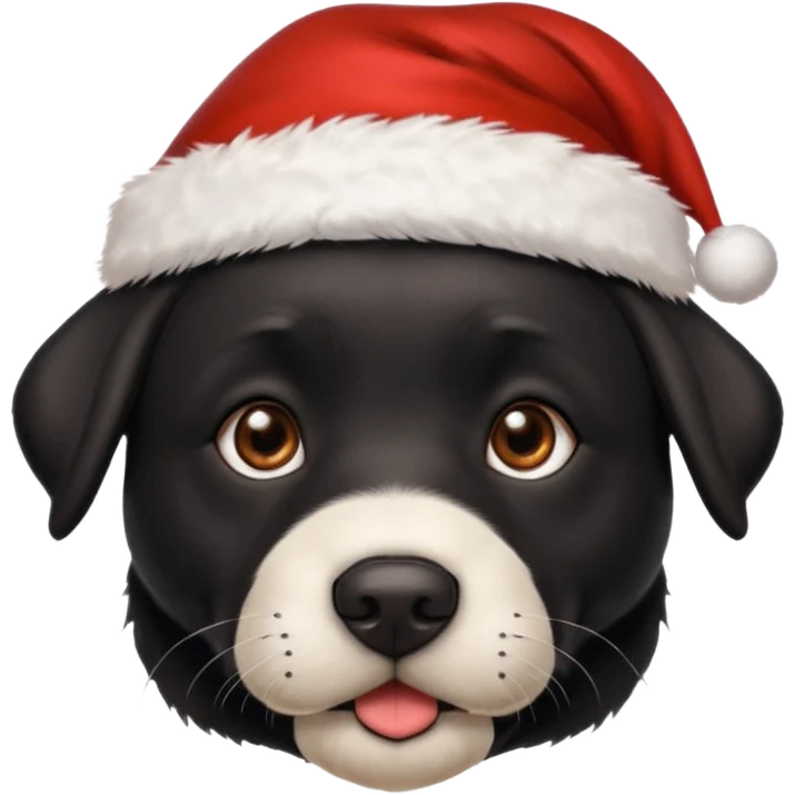 A cute black Labrador, about 2 years old, wearing a Santa hat. (I need English) emoji