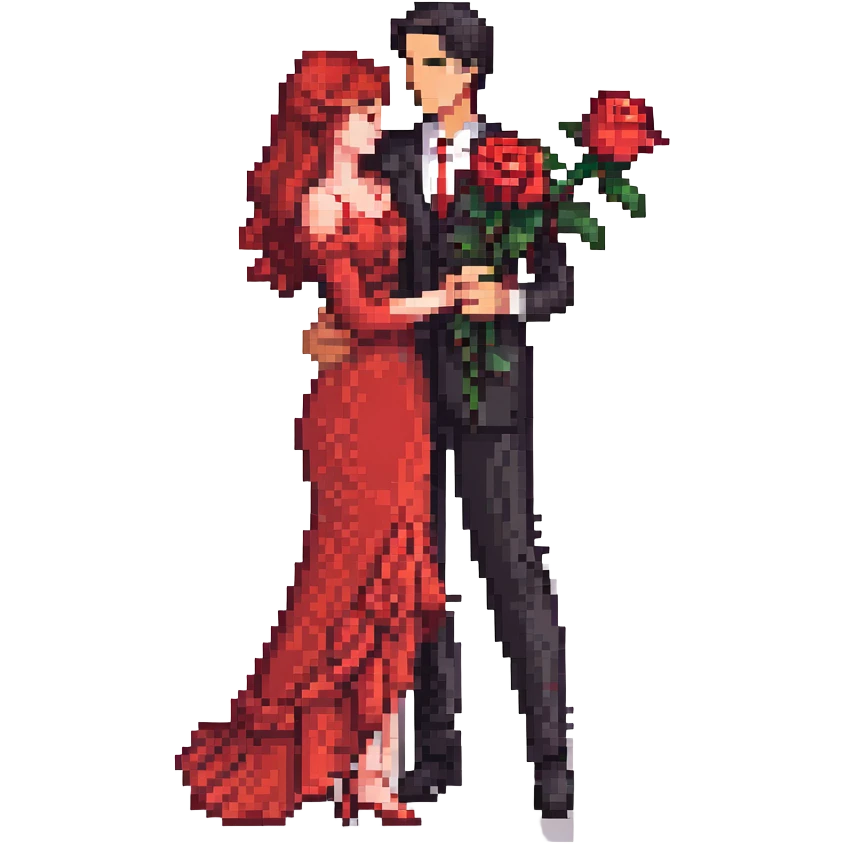pixel art emoji of a Spanish tango couple, man in black suit and red rose, woman in flowing red dress, one leg extended, close embrace, elegant and expressive, small and cute emoji