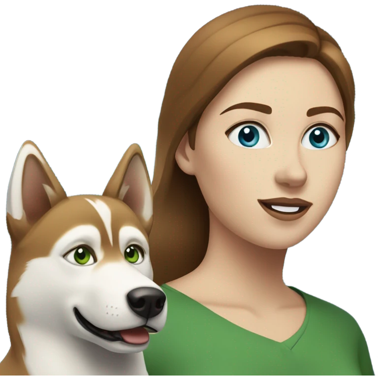 White Woman hair brown and bleus eyes and golden Husky With green eyes emoji