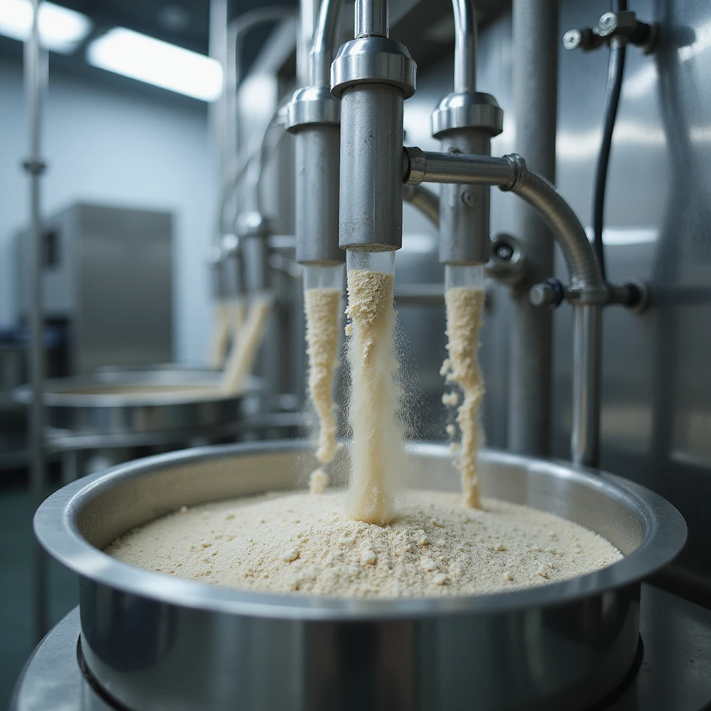 industrial stainless steel machinery extracting and purifying dried pig thyroid, transparent tubes showing powder flow, sterile atmosphere, technical details, hyperrealistic 4K emoji