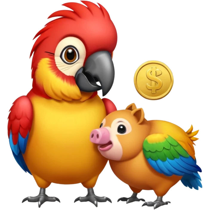 Macaw putting a coin into piggy bank with its beak emoji