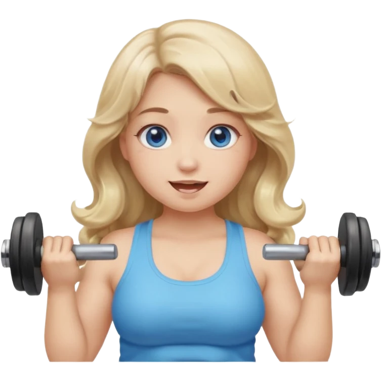 Kawaii emoji girl with big  blue glossy eyes, long wavy dirty blonde hair, happy expression, holding a dumbell, chubby cheeks, soft pastel colors, cozy and sweet aesthetic, clean background. emoji