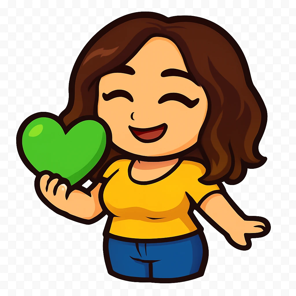 Sticker style chibi emote, matching the attached green heart emote as a base, but with a slightly skinnier body and a bigger chest. Woman from reference, yellow blouse and blue jeans, laughing with eyes closed, cute happy face, no headband, no wand, transparent background. Top color should not match jeans. emoji