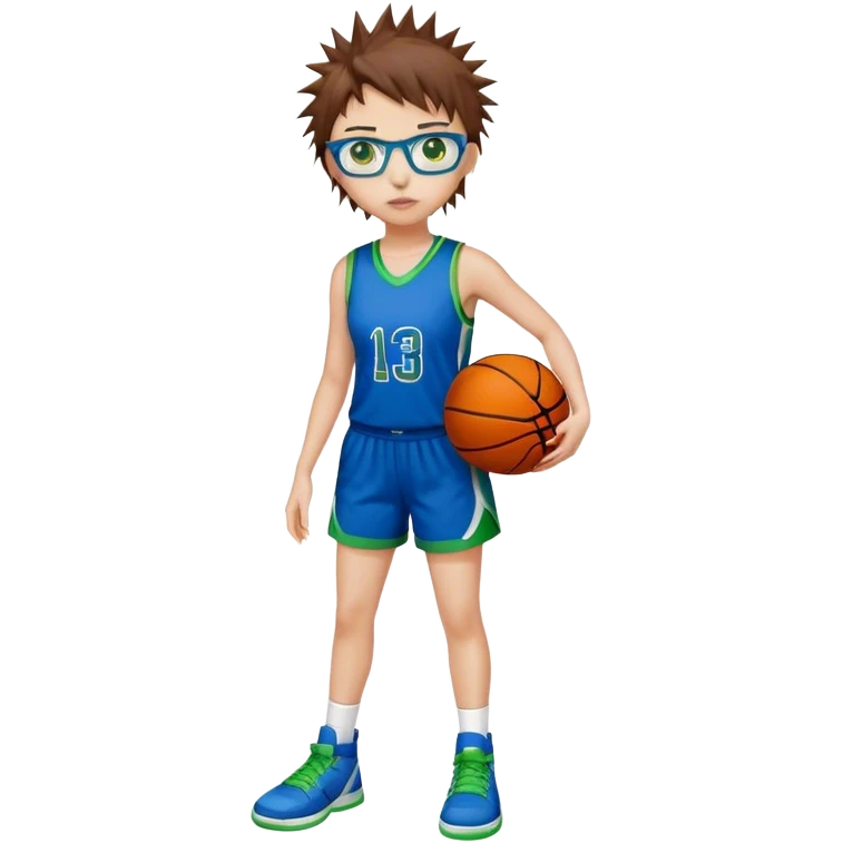 Full Body white plus size Girl with basketball spikey short brown HAIR wearing blue glasses with green eyes wearing blue and green basketball uniform PLAIN emoji