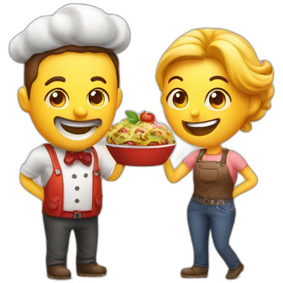 food photographers man and woman happy. Camera and food emoji