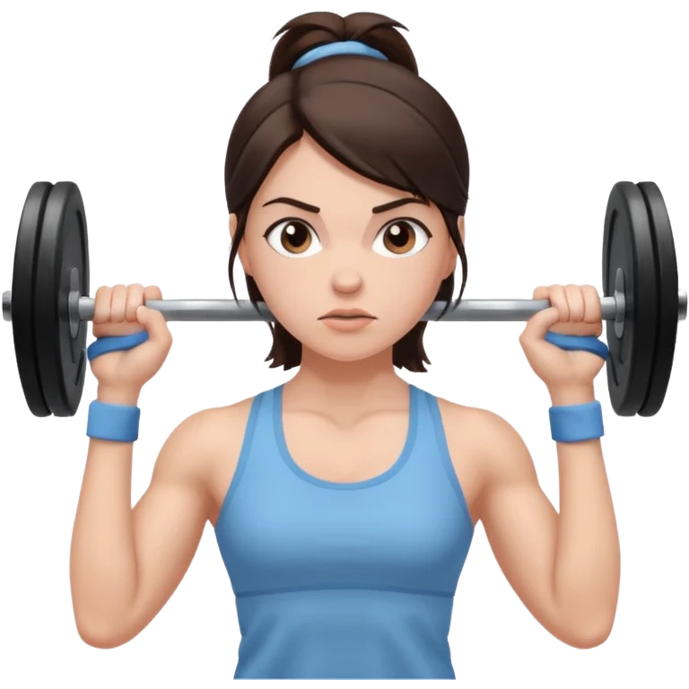 brunette woman in light blue gym clothes lifting a barbell, determined expression, clean background emoji