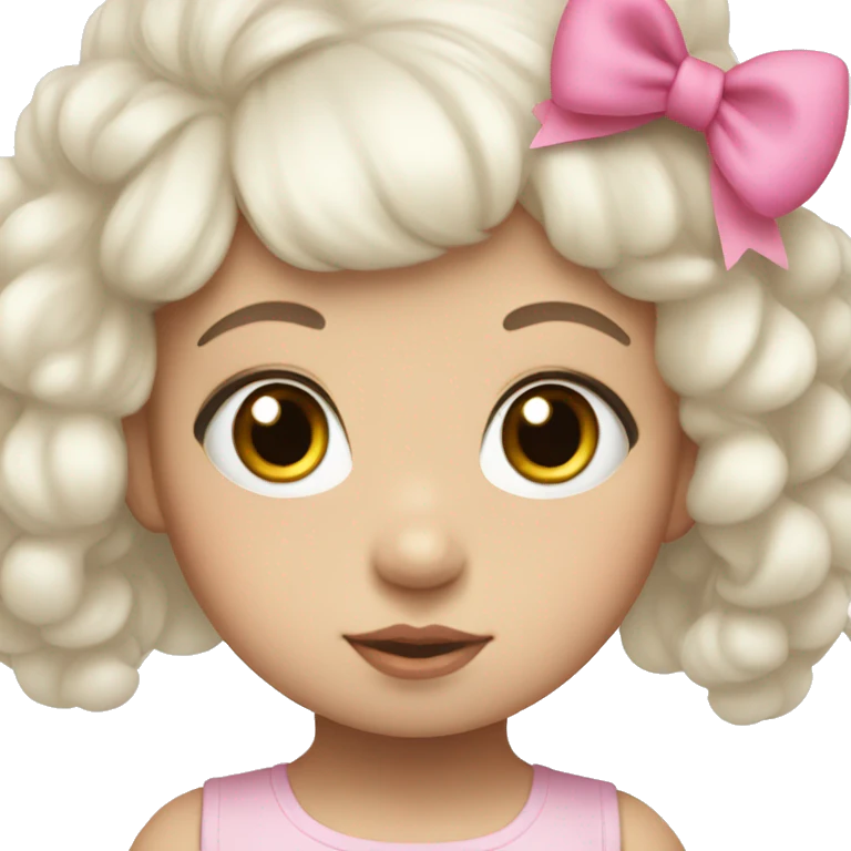 white and korean baby girl with big eyes, black hair and a pink bow in her hair. emoji