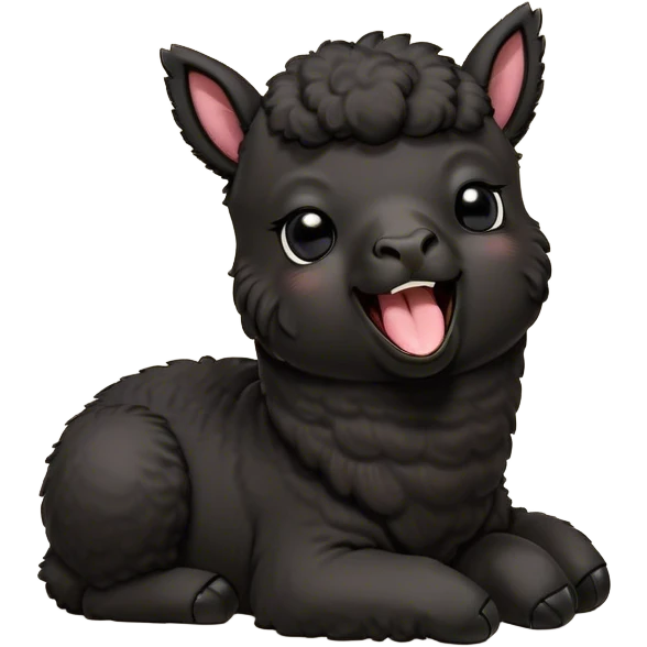 Cinematic Cute Yawning Black Alpaca Portrait Emoji, Head tilted slightly with a dramatic, wide-open yawn, showcasing a soft, plush jet-black fleece with gently drooping ears, round dark eyes barely open in drowsy contentment, Simplified yet irresistibly adorable features, highly detailed, glowing with a soft, cozy glow, high shine, relaxed yet expressive, stylized with a touch of whimsy, bright and endearing, soft glowing outline, capturing the essence of a sleepy yet affectionate alpaca, so drowsy it feels like it could stretch out of the screen and curl up for a nap! emoji
