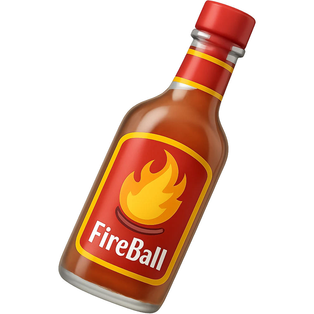 Make the fireball barbecue hot sauce bottle a clear glass bottle in the style of emoji (apple style emojis). Remove the background. emoji