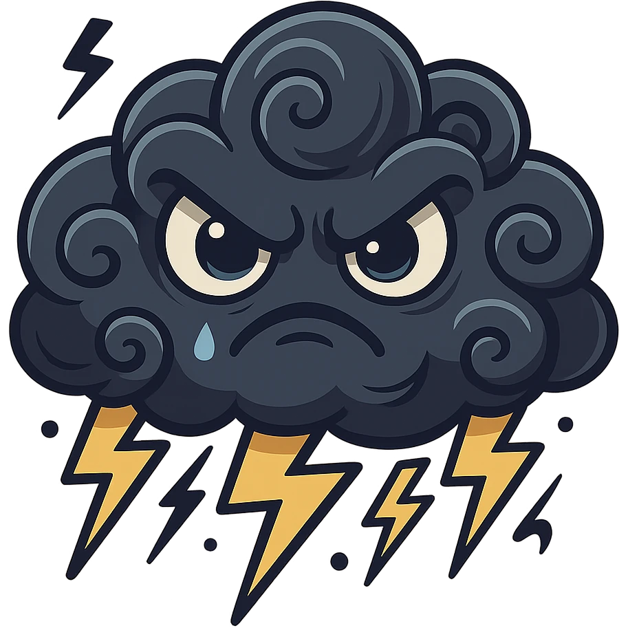 Angry thunderstorm cloud in cartoon style with dark colors (deep gray, navy blue), yellow lightning bolts, furious expression, transparent background. Inspired by the reference image. emoji