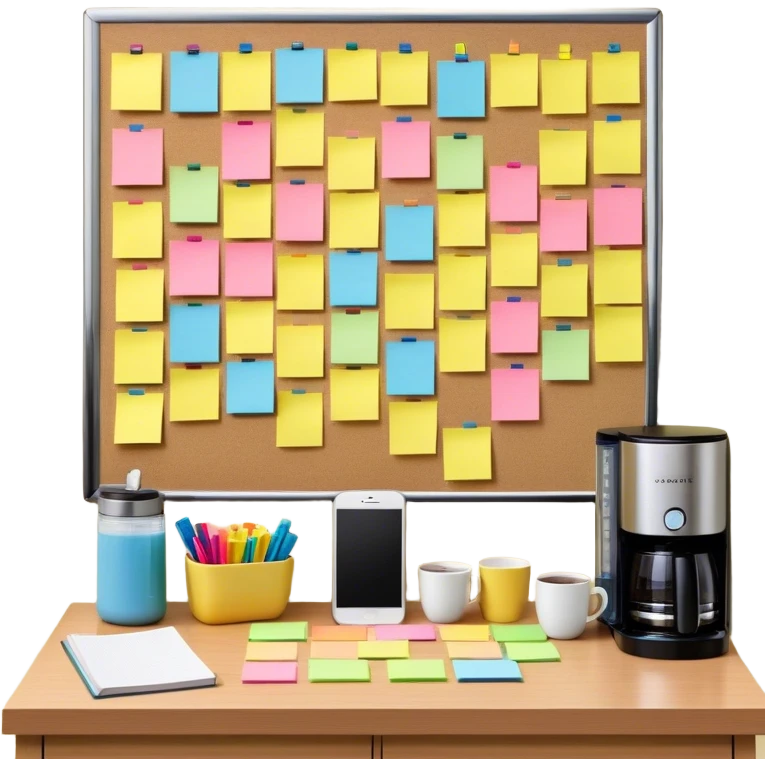 A bulletin board with sticky notes arranged in a progress-tracking grid. Next to it, a water bottle and book sit beside a coffee maker, while a phone is face-down outside a bedroom, symbolizing a distraction-free habit system. emoji