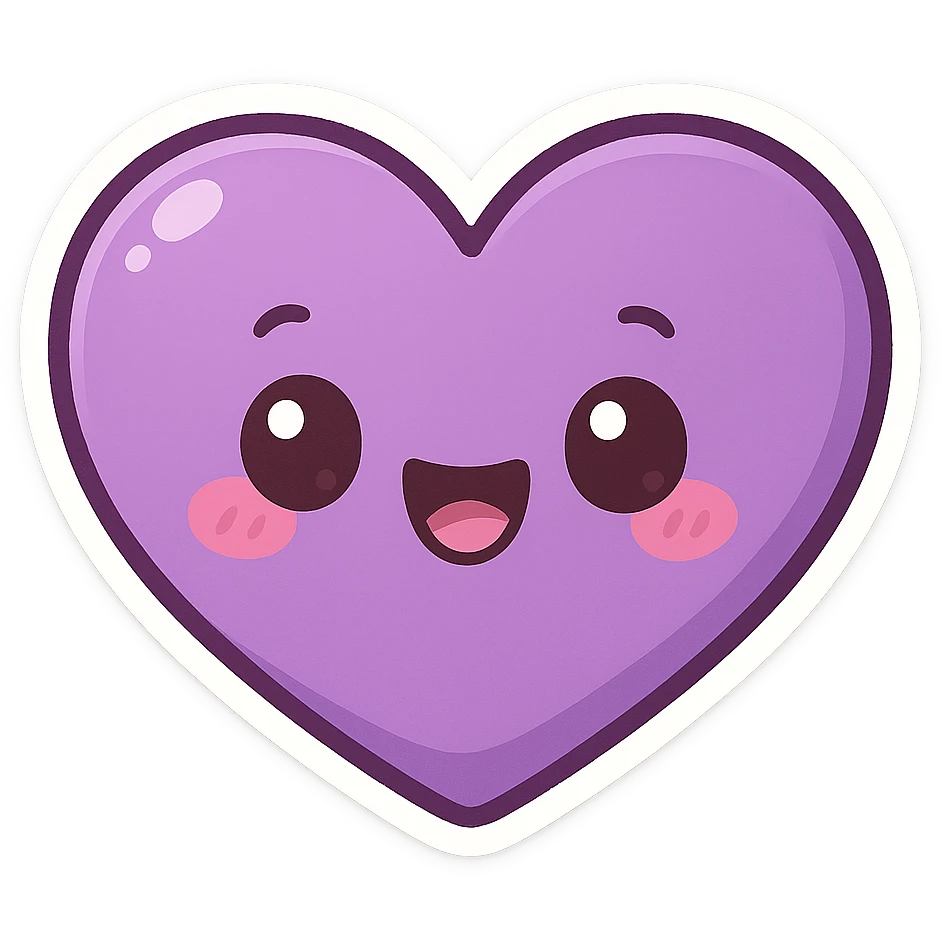 purple heart with a happy face, chibi style sticker emoji