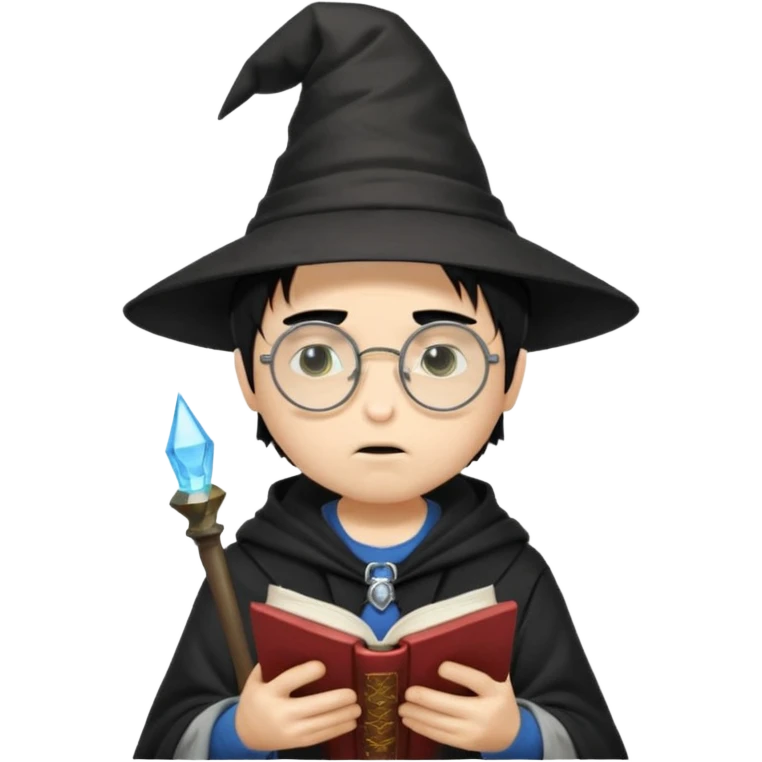 ["A sad boy with light skin, straight hair, wearing a wizard hat and round glasses, dressed in punk fashion, is reading a book while holding a phone."] emoji
