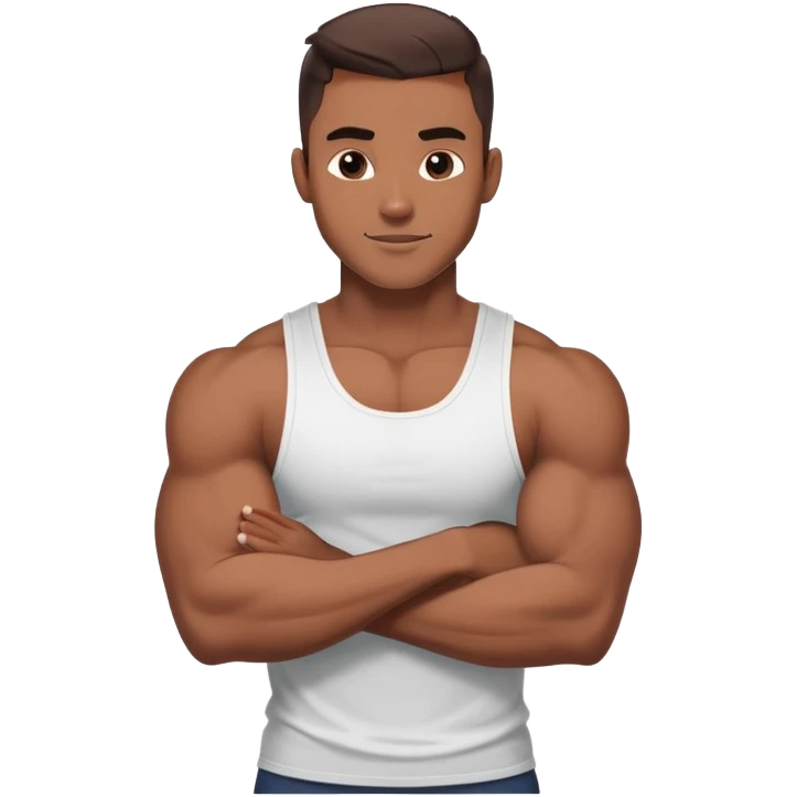 Handsome muscular boyfriend with defined abs, wearing a tank top, strong jawline, darkerr skin, charming smirk, flexing arm, emoji