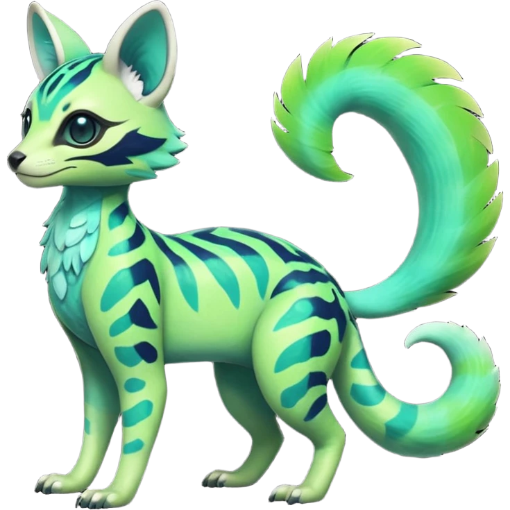 Rare realistic iridescent neon lime-green & cyan gradients lush tropical exotic cute epic pretty beautiful handsome gorgeous aesthetic colorful vibrant Vernid-Protogen-Primagen-Wickerbeast-Genet-Trico-species-Fakemon-hybrid-creature by LiLaiRa, beautiful intricate markings, full body emoji