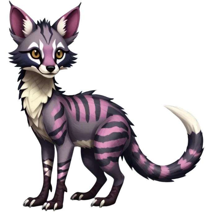 Feral Rare Fantasy dark colorful Vernid-Sergal-Genet-species by LiLaiRa, random markings, tufted tail, tufted ears, full body emoji