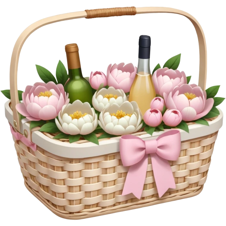 White Picnic basket with light pink bow and white peonies inside emoji
