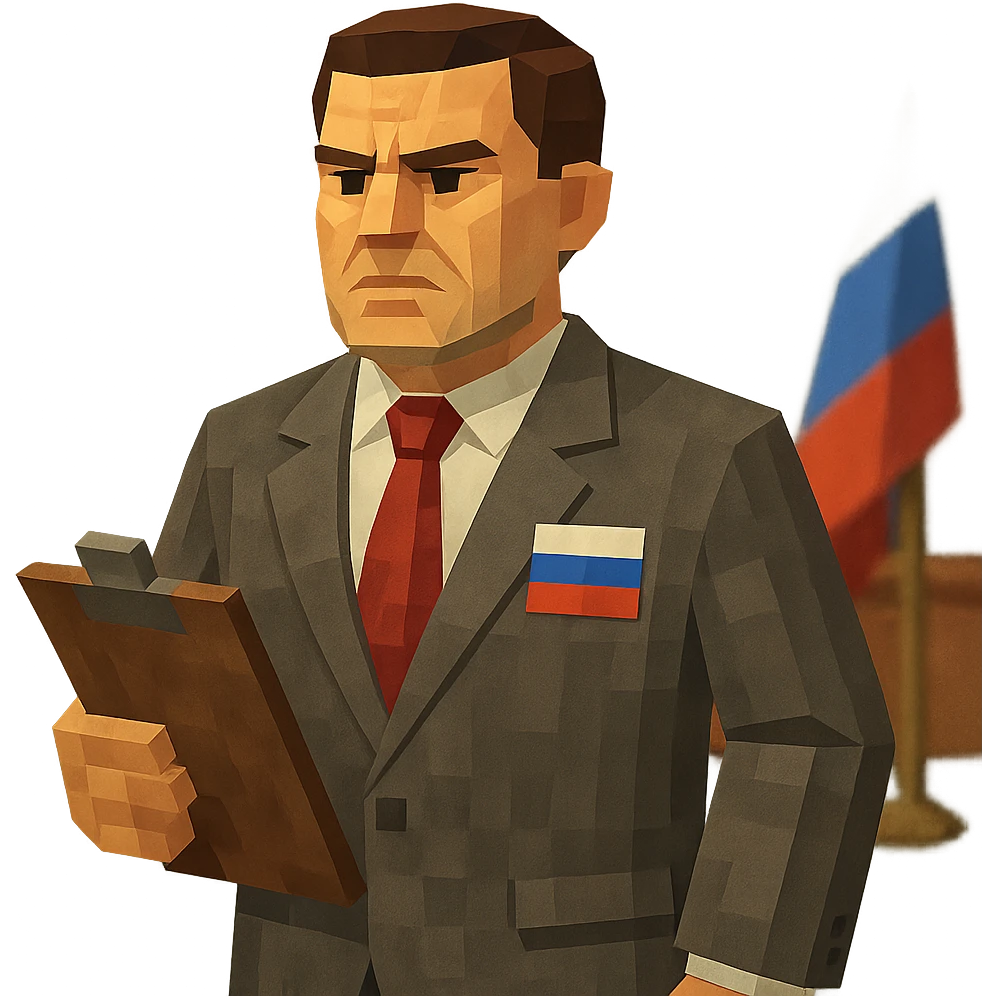 Russian Ministry of Finance employee dealing with sanctions, geometric shapes, professional attire, serious demeanor, modern office setting, Russian flag colors emoji