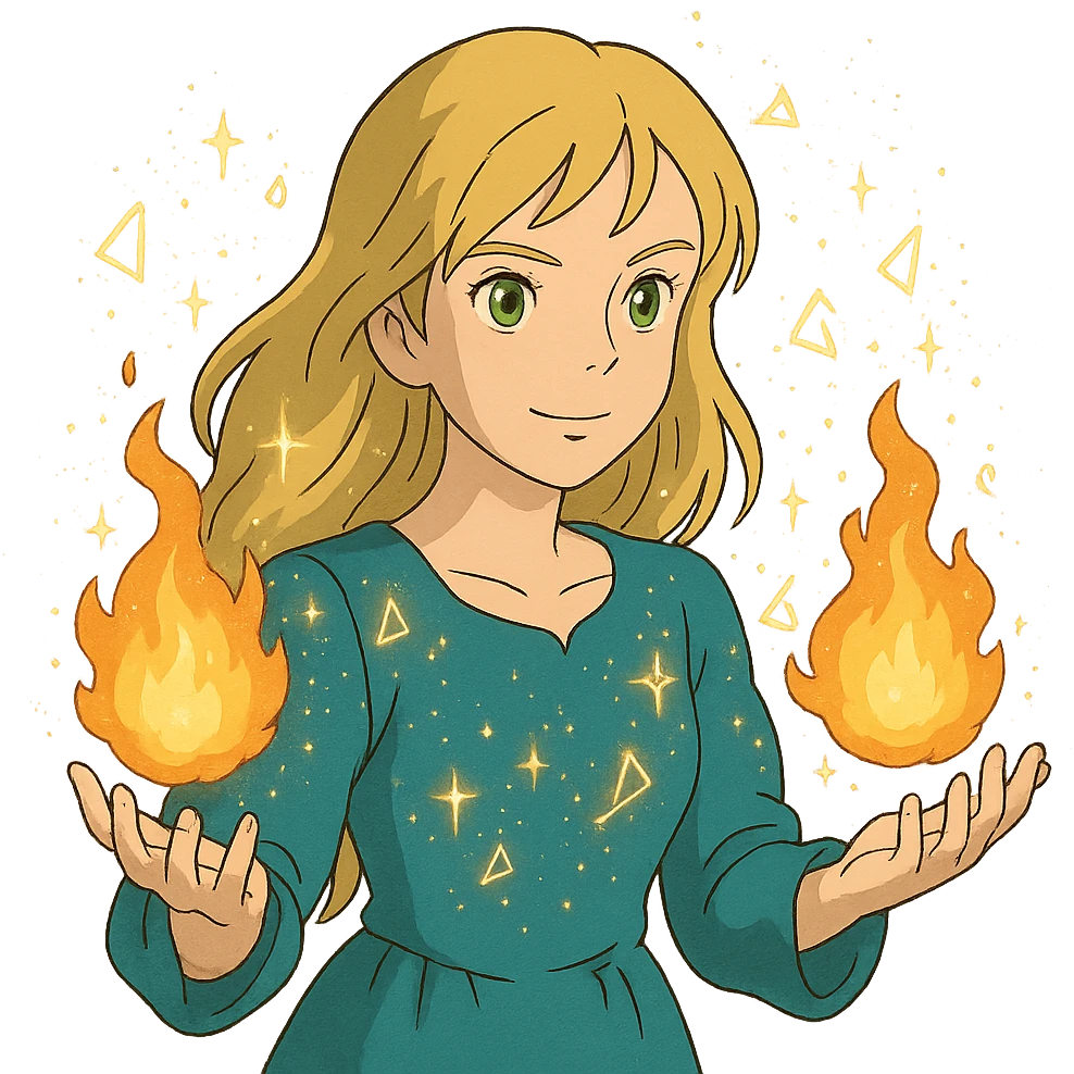 blonde woman with green eyes, fireballs in her hands, magical sparkles and glowing runes, ghibli style emoji