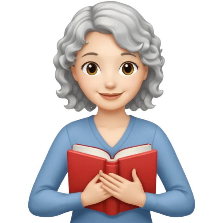 Silver hair, wavy/curly hair chin-length lady giving hug with 2 arms,  v-neck and smiling, add a favorite book emoji