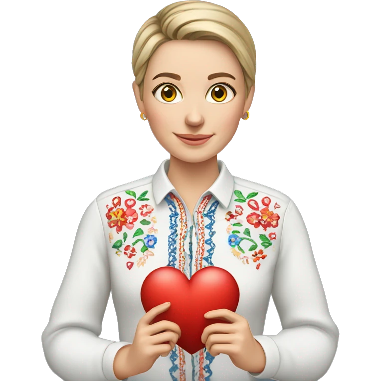 A Ukrainian teacher in an embroidered shirt holds a heart in her hands emoji