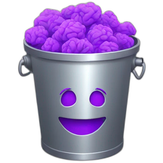 a silver trash bin with a smiley face full of purple brain emoji