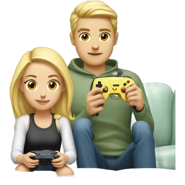A young blond couple playing Playstation They're holding joysticks  emoji