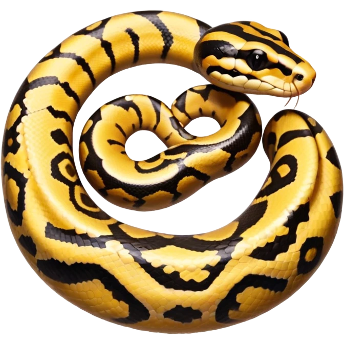A photo-realistic top-down view of a Ball Python gently coiled into a tight spiral, with its head resting peacefully at the center. Its scales are warm brown with bold, irregular black markings, including the distinctive “alien-head” pattern, flowing smoothly along its body.  emoji