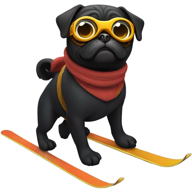 Black pug with a curly tail and goggles skiing on a snowy mountain emoji