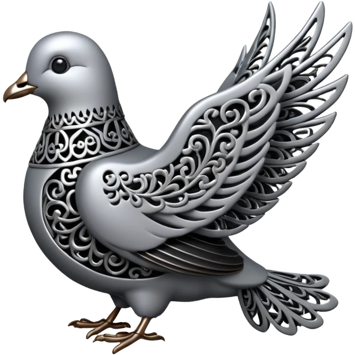 Black and silver filigree dove, 3D, extremely detailed design emoji