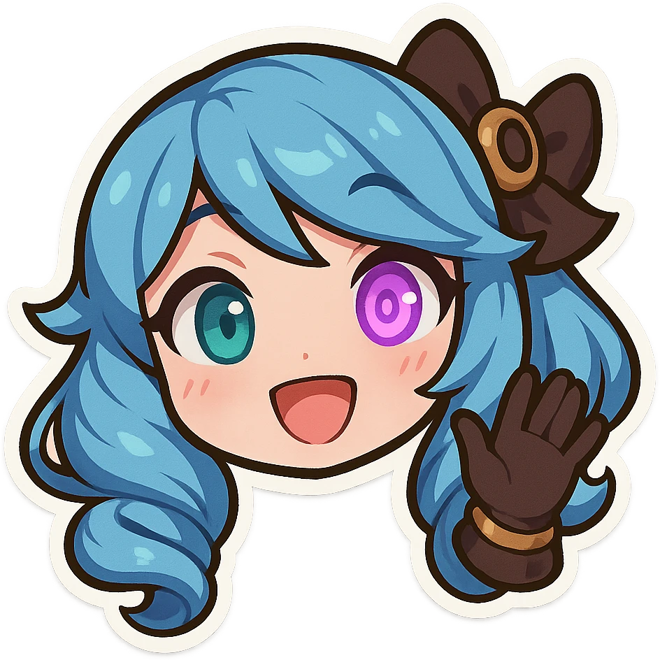 chibi style Gwen from League of Legends, only head, right eye glowing purple, waving gloved hand, cheerful and lively emoji