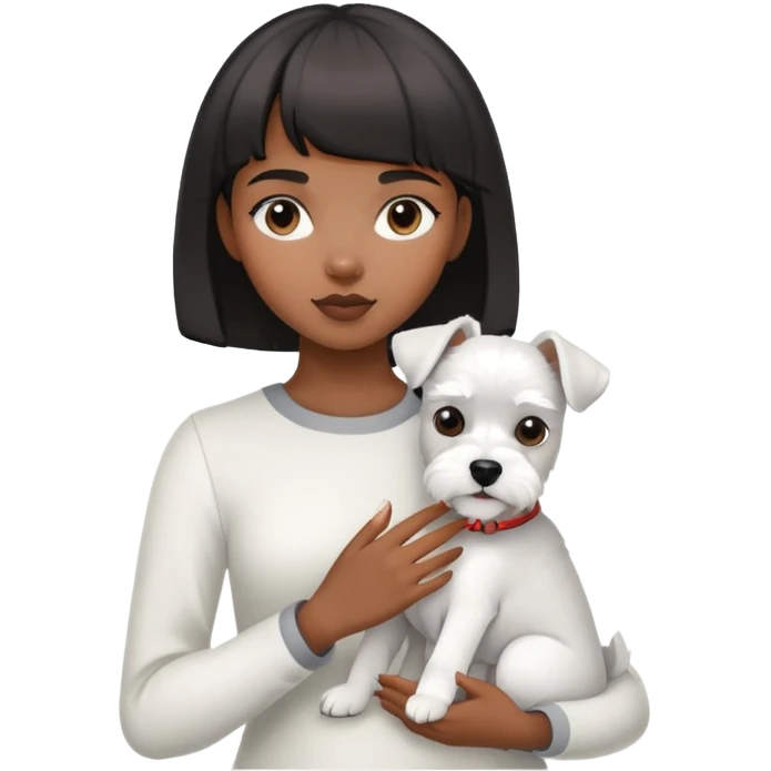 Black girl with short bangs holding a white schnauzer dog emoji