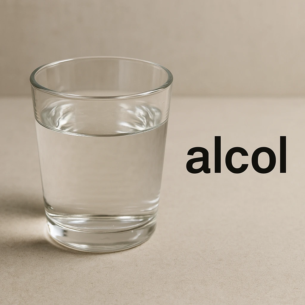 photo realistic glass with transparent liquid and the word 'alcol' in Italian next to it emoji