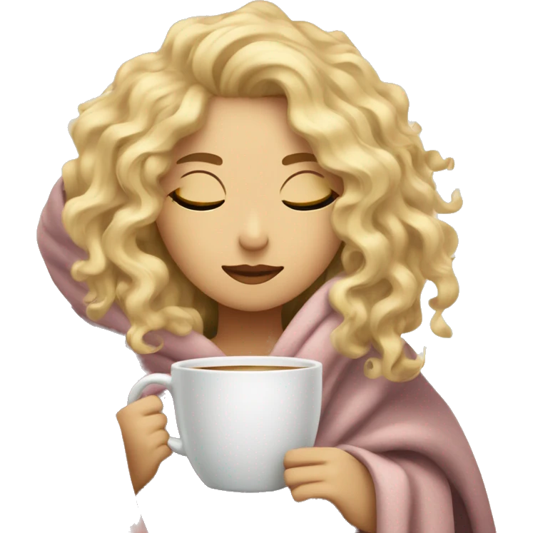Blonde  hair curly girl inside a blanket sipping coffee eyes closed emoji