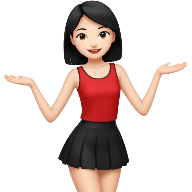 Chicas esbelta con falda corta negra y top rojo,pelo semi largo negro y lacio  super feliz,pero bailando emoji