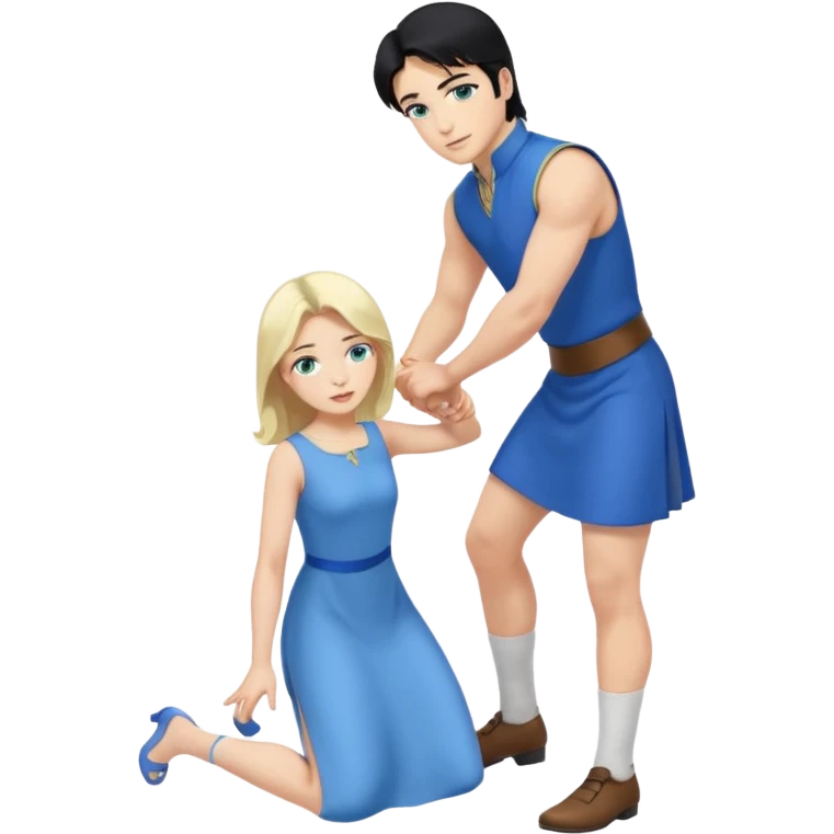 prince, upright, black Hair, blue eyes, blue garment,  Woman, blonde Hair, Green eyes, bending knee, sleveless, white Dress, emoji