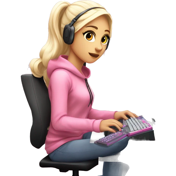 GAMER GIRL sitting next to a PINK gaming computer PINK GIRLY gaming setup LIGHTPINK white blond Girl  emoji