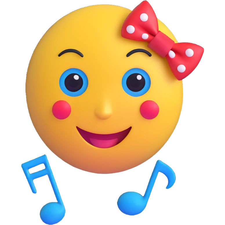 3D smiley emoji, large eyelashes, red polka dot bow, sad, teary eyes, blue eyes, musical notes emoji