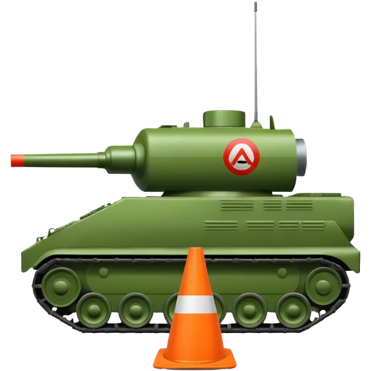 green military tank rolling over a traffic cone with a sad face, the cone is underneath the tank's treads, emoji style emoji