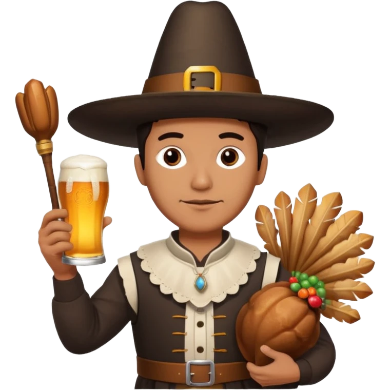 Mexican man dressesd as  Thanksgiving pilgram holding a large drumstick and Corona beer emoji