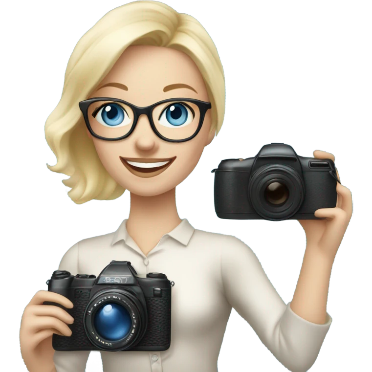 Elegant real blonde girl with glasses smiling blue eyes taking pictures with a camera  emoji