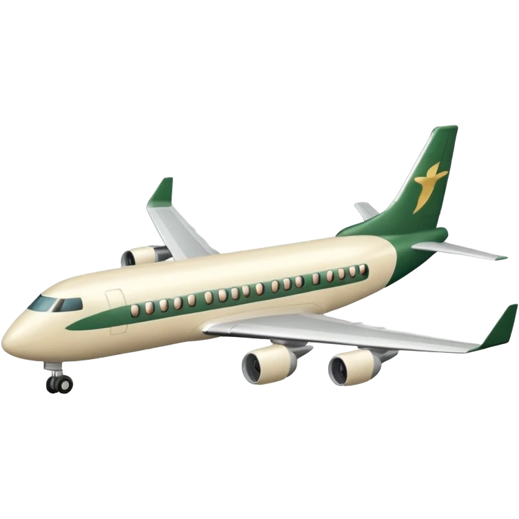 passenger airplane with long fuselage, light beige (milky), only dark green (#173e12) inserts, no other colors, Apple emoji style, no text emoji