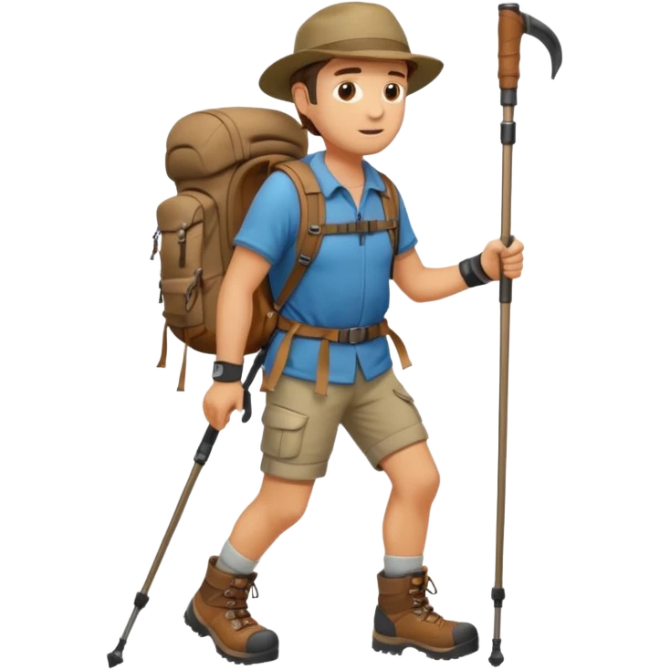 A rugged hiker adjusting hiking poles while preparing for a trek.


 emoji