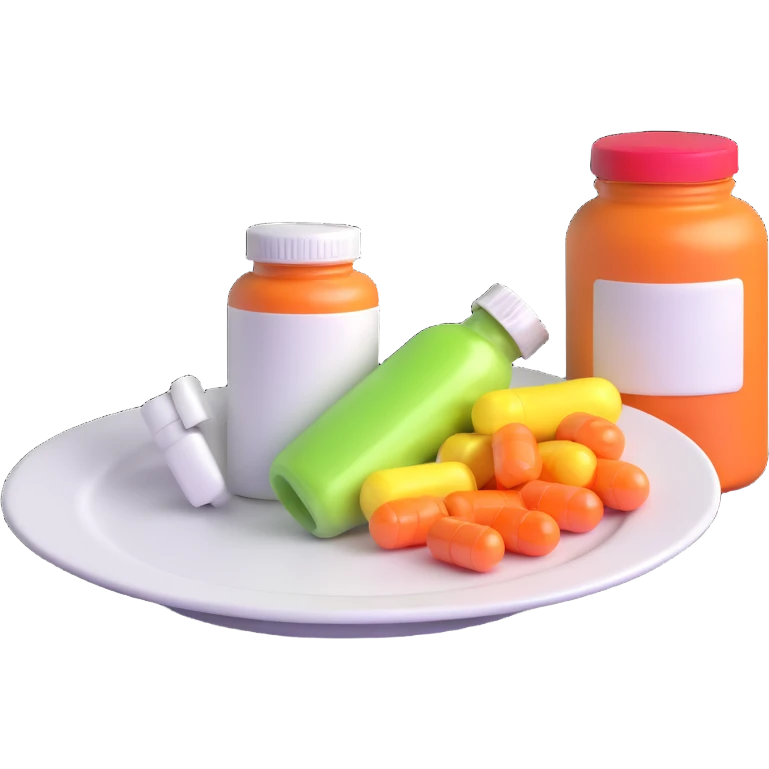 bottle of supplements next to an empty plate emoji