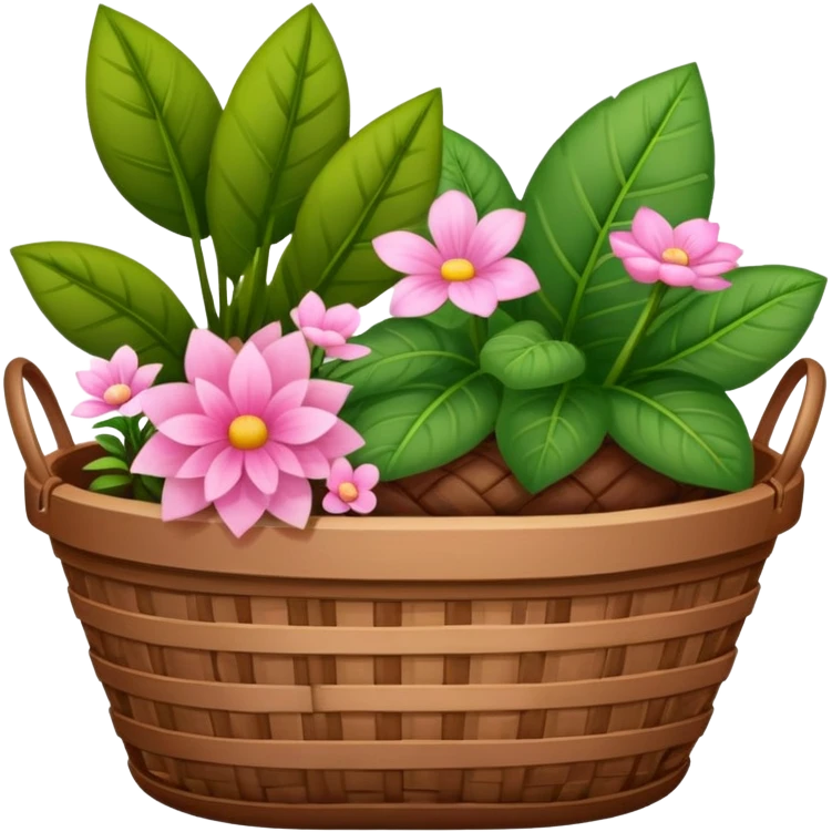 A brown basket of different plants with some pink aesthetic motives on the basket in an ios 18 emoji  emoji
