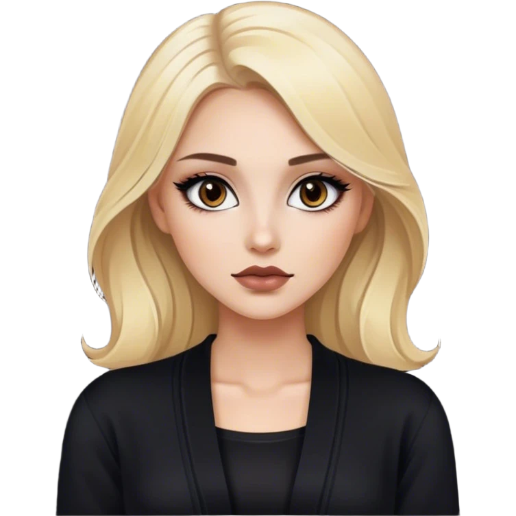 Blonde model with brown eyes, black cardigan, luxury makeup emoji
