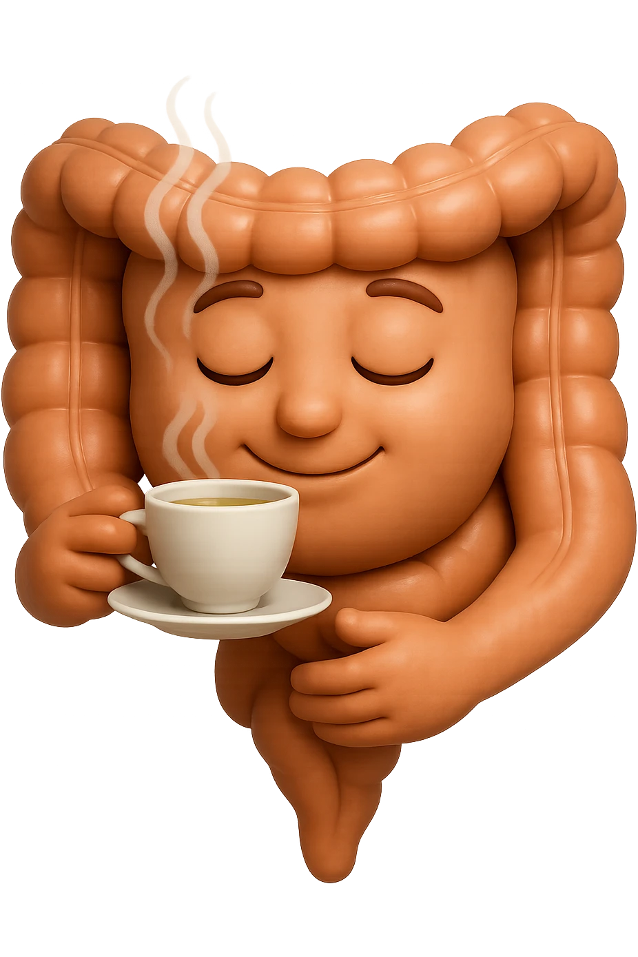 emoji stile iphone 3d di intestino umano sereno che si tocca la pancia mentre sorseggia un thè alle erbe, iperrealistico 4k emoji
