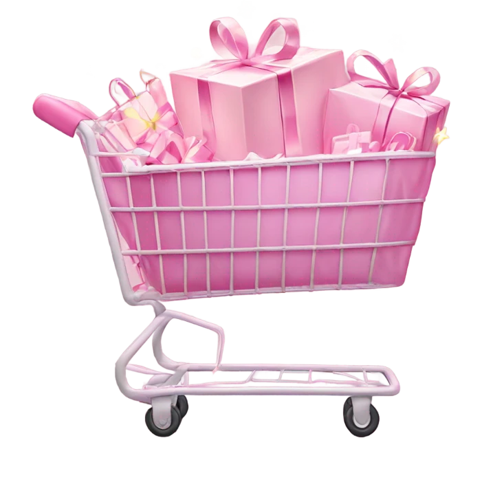 shopping cart wrapped in Christmas lights  full of light pink gift bags emoji