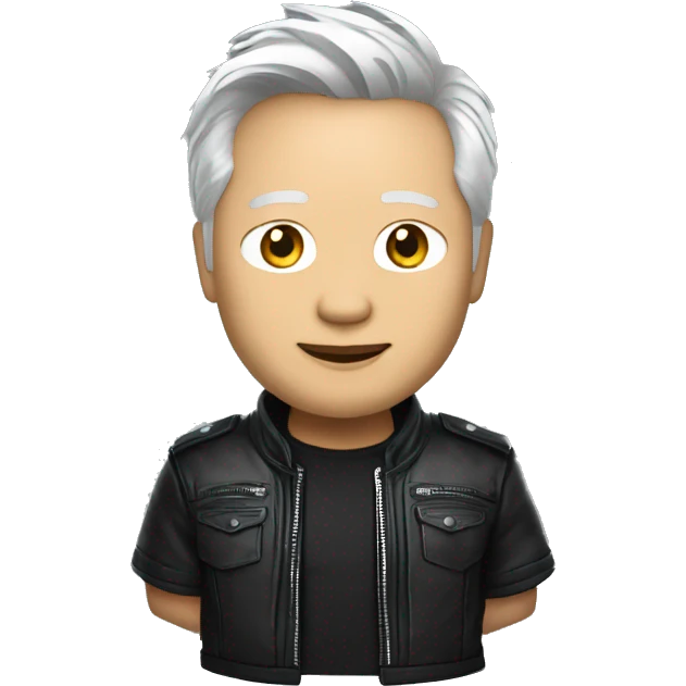 jensen huang with white hair and in black leather jacket holding nvidia gpu with both hands emoji