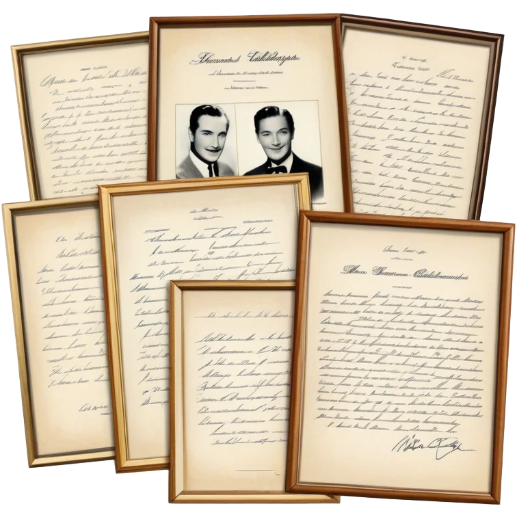 Icon for Autograph Collecting: several vintage framed with signatures of famous celebrities sheets stacked one on top of the other, each . The icon should evoke the charm and history of collecting autographs. Transparent background. emoji